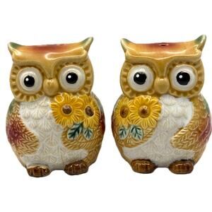 Cracker Barrel Stoneware Sunflowers OWL Salt & Pepper Shaker Set Holiday Harvest